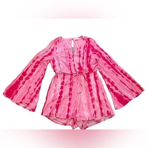 Pink Lady Bright Pink Barbie Hippie Boho Preppy Tie Dye Bell Sleeve Mini Romper